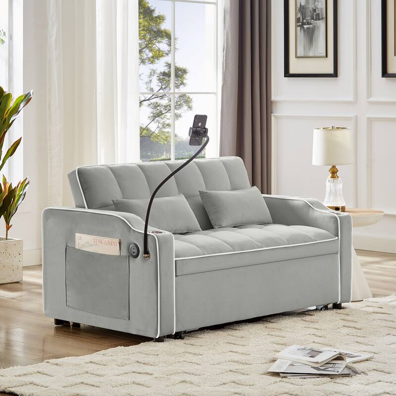 Convertible Sofa Bed with Adjustable Back, USB Charger, and Pillows for Living Room or Office - Grey