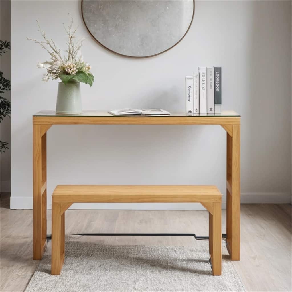 Versatile Wood Dining Bench and Table Set with Tempered Glass Top