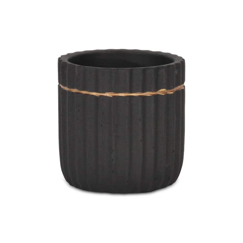 Aurine Round Gold Trimmed Ridged Ceramic Pot - Black - Small