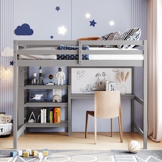 Full Size Loft Bed with Storage Shelves, Wooden Bed with Desk, Kid's Bed with Writing Board for Bedroom, Grey