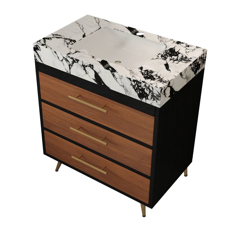 GDFStudio - Athens Modern 29.9" Freestanding Bathroom Vanity with Sintered Stone Top, Ceramic Vessel Sink & Stainless Steel Legs