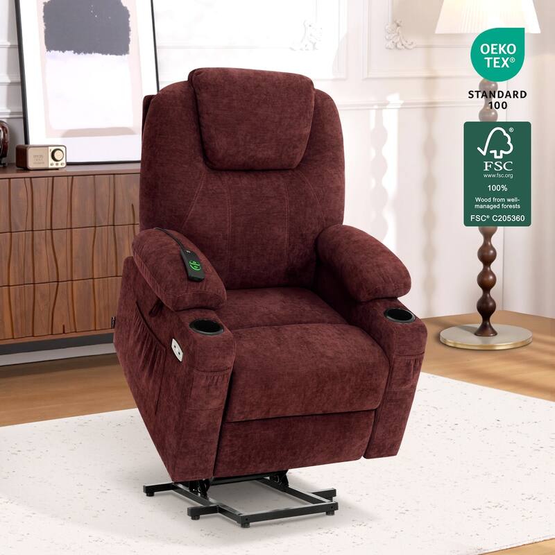 MCombo Small Power Lift Recliner Chair Sofa with Massage and Heat, 3 Positions and USB Ports Extended Footrest, Fabric 7141 - Sangria