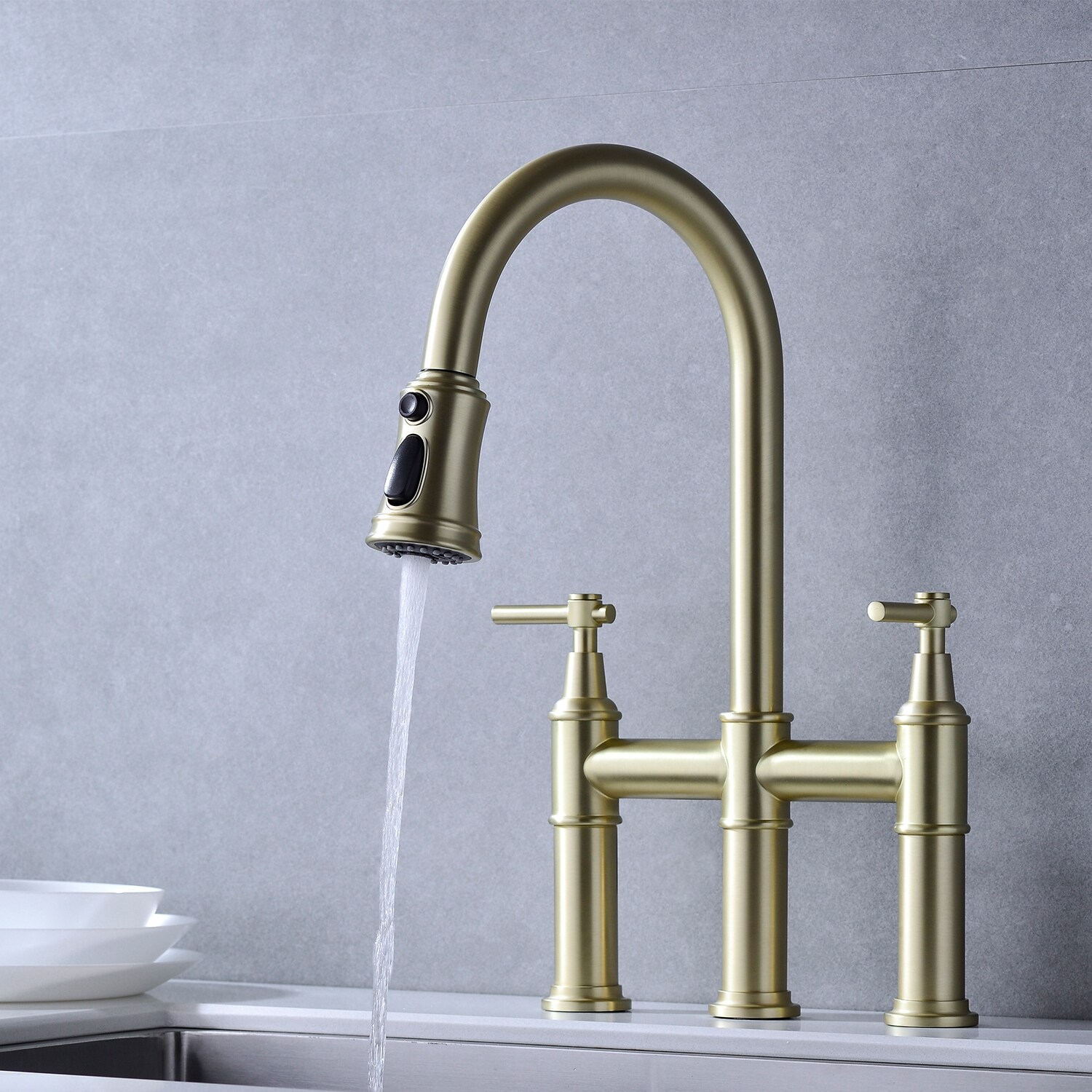 Brushed Gold Bridge Kitchen Faucet with Pull-Down Sprayhead
