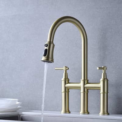 Double-Handle Bridge Kitchen Faucet with Pull-Down Sprayer