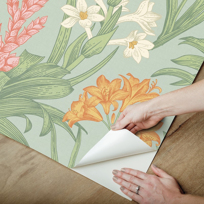 NuWallpaper Jade and Pink Blooming Villa Peel and Stick Wallpaper