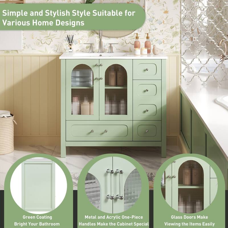 36" Bathroom Cabinet with Waffle Texture Doors, Bathroom Vanity with Four Drawers and Two Soft-Closing Doors