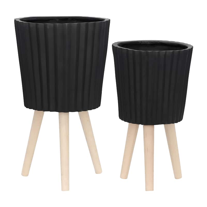 S/2 10/12" Ridged Planter w/ Wood Legs - Black