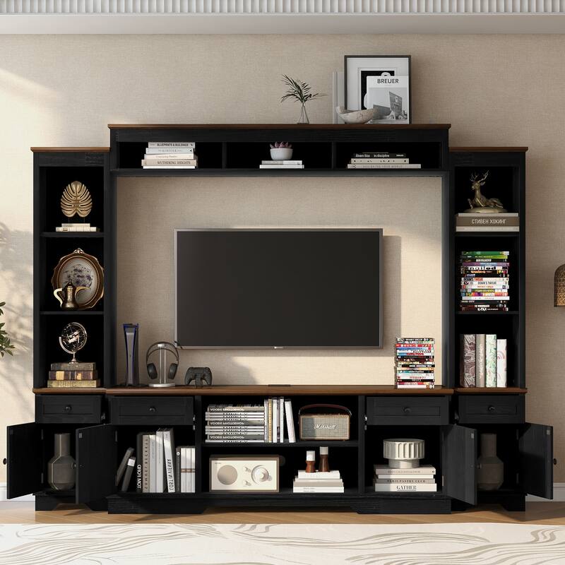 4-Piece Entertainment Center Wall Unit Set with Bridge for TVs Up to 70'', TV Stand W/Adjustable Shelves, Large Media Console