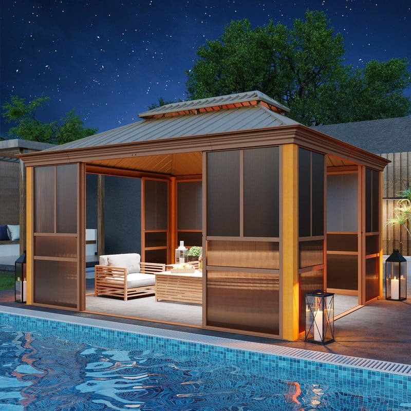 Outdoor Hardtop Sunroom Gazebo with Double Roof & Sliding Doors, All-Season Aluminum Outdoor Pergola, PE Screens&Lockable Design