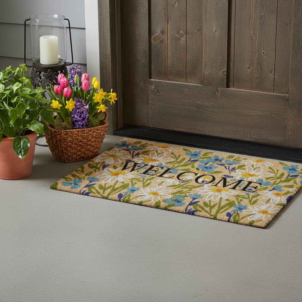 HomeRoots 18" X 30" Brown Light Blue And Green Floral Welcome Outdoor Coir Door Mat - 18.00' X '30.00