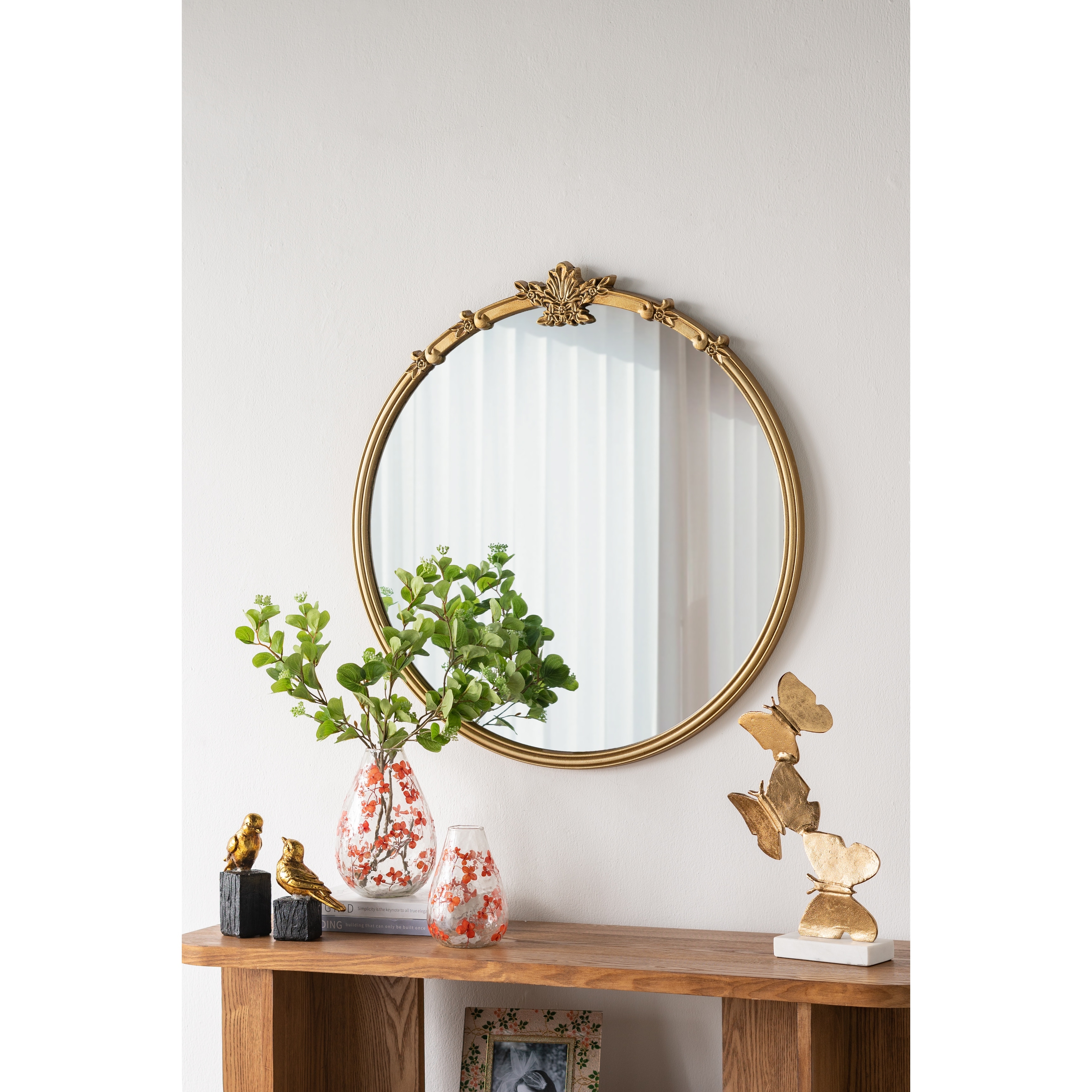 Round Gold Finish Wall Mirror - Decorative Leaf Crest