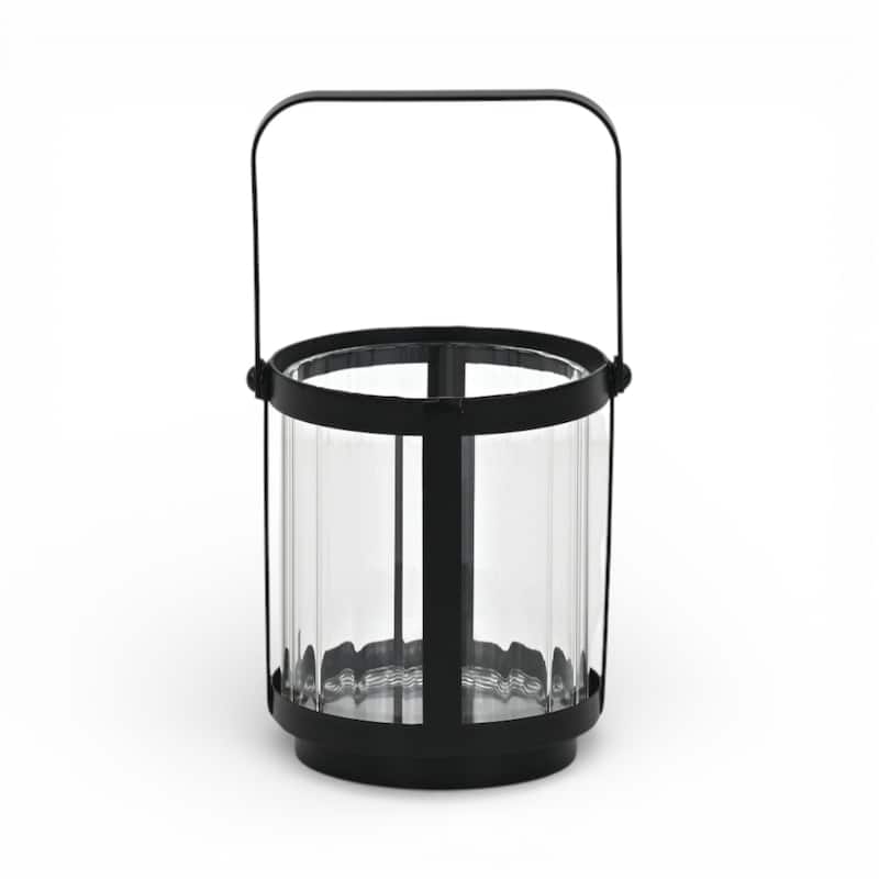 Vortial Fluted Glass Candle Lantern with Black Metal Frame