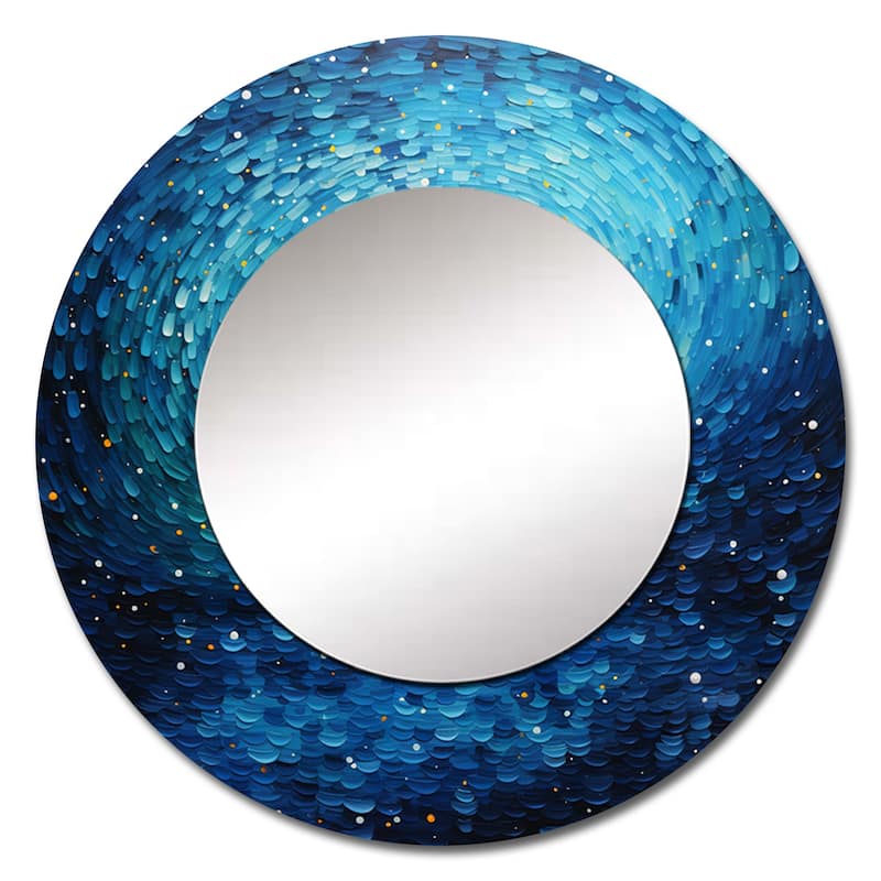 Designart "Pointillism River Majestic Cascade" Abstract Round Mirror - Traditional Blue Round Bedroom Mirror Wall Decor