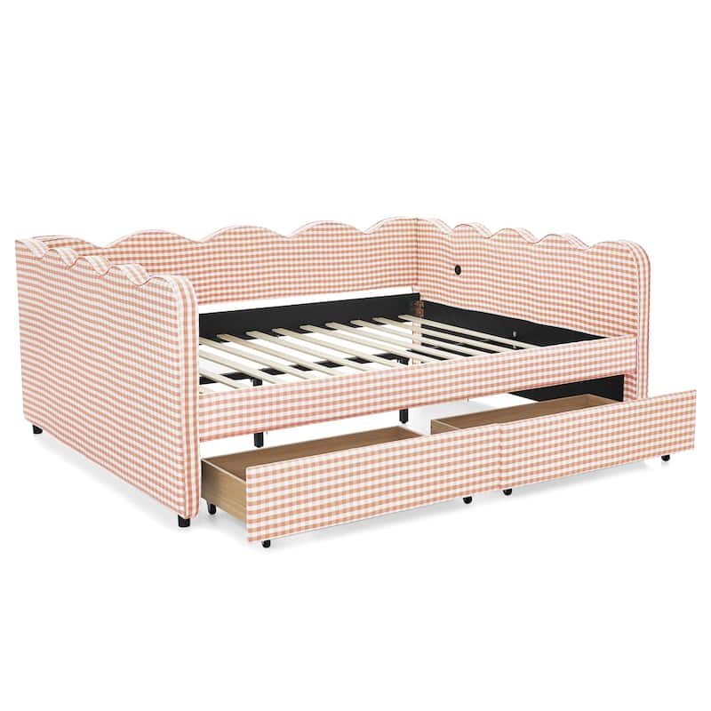 Full/Queen Gingham Daybed with 2 Storage Drawers, USB Port & Wave Shaped Linen Fabric