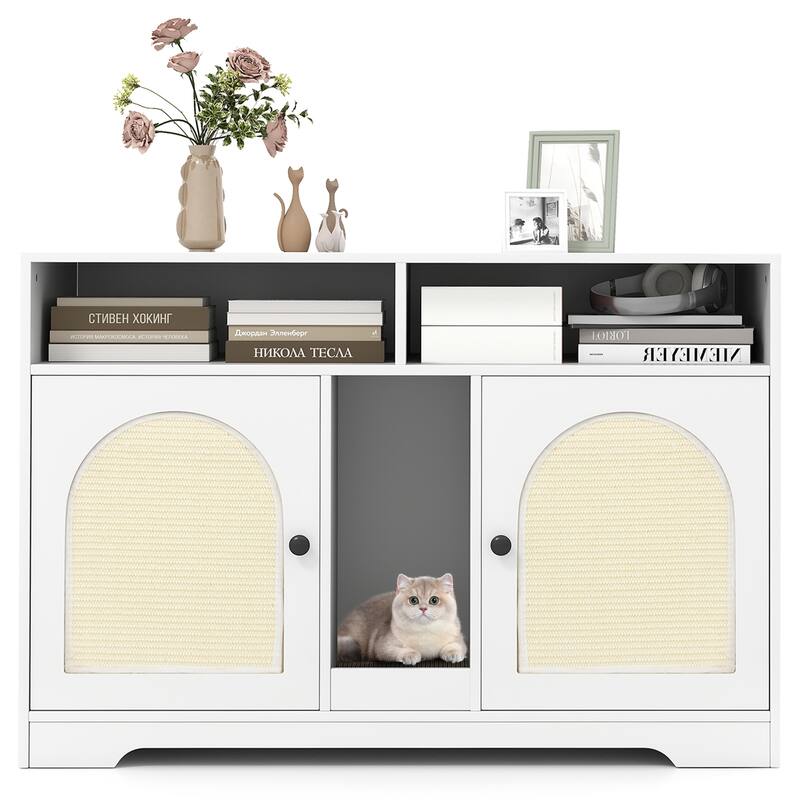 Costway 43" Hidden Cat Washroom Furniture with Storage Double Rooms - See Details - White - See Details