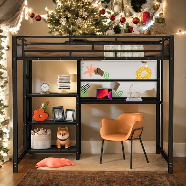 slide 2 of 9, Full Size Loft Bed with Desk and Whiteboard with 3 Shelves and Ladder Black