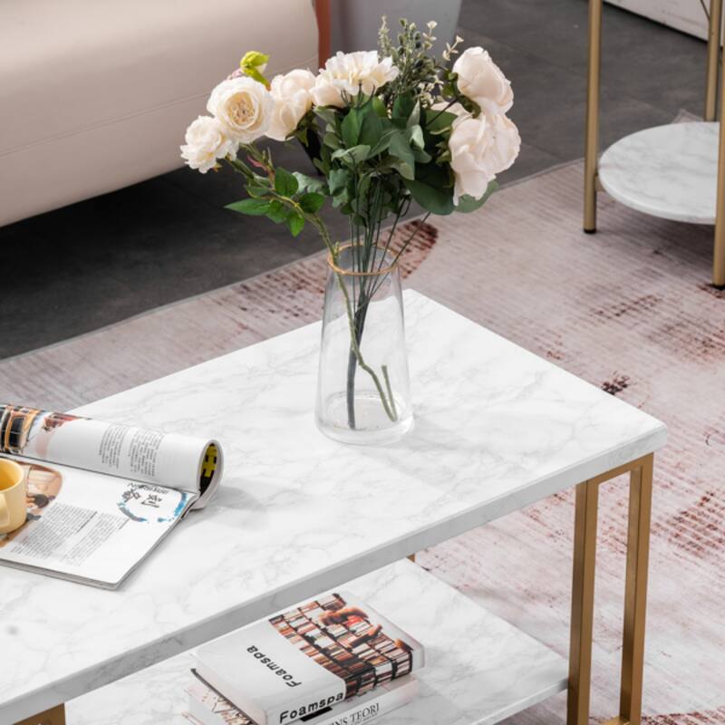 White and Gold Rounded Coffee Table with Faux Marble Top and Metal Legs Perfect for Living Room - 39.73 x 20.08 x 18.11