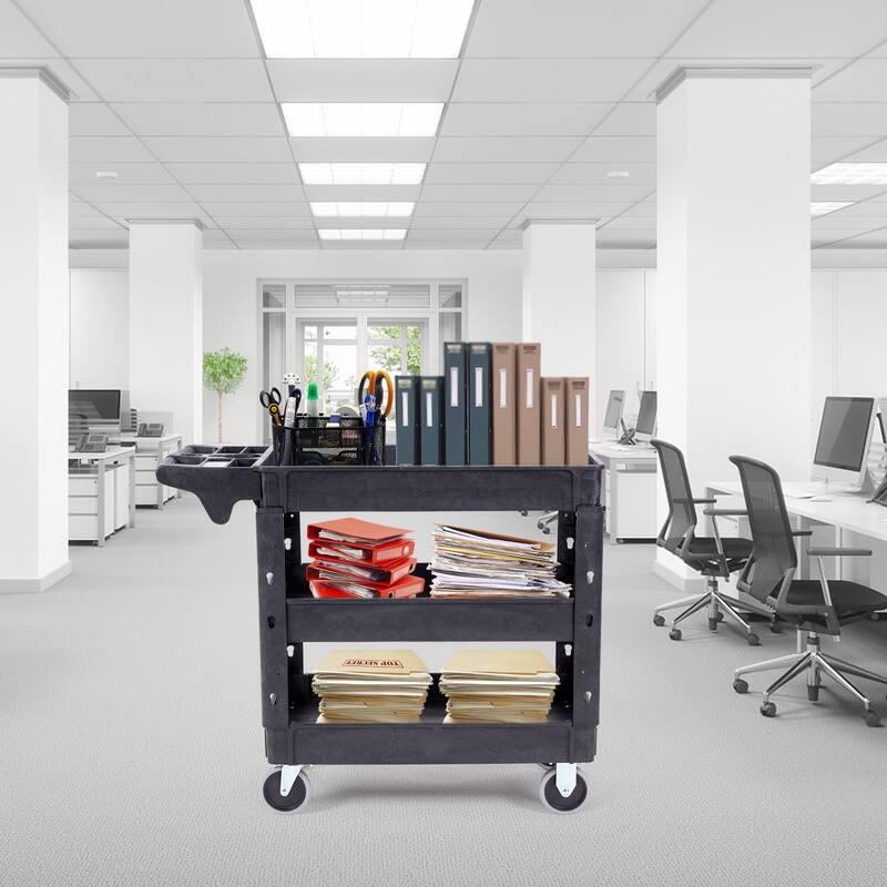 Black Heavy Duty Plastic Rolling Utility Service Cart with 3 Storage Shelf and Lockable Swivel Wheels - 40.70 x 17.13 x 33.74 in