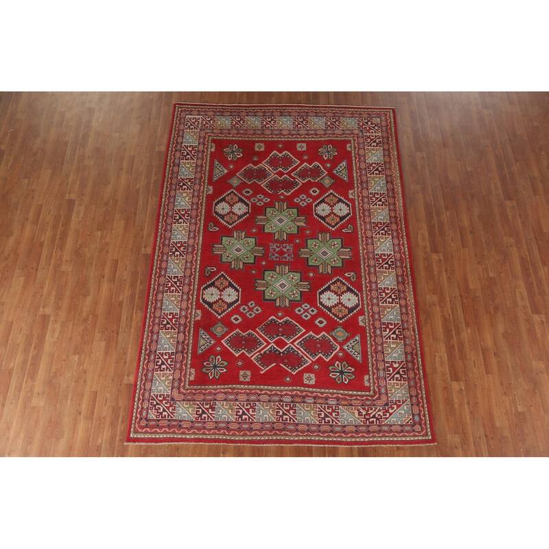 Hand Knotted Oriental 100% Wool Carpet Traditional Geometric Red Kazak Area Rug - 10' 5'' X 6' 6''