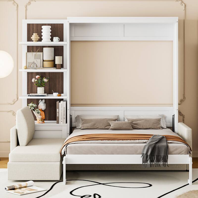 Queen Size Murphy Bed Wall Bed with Sofa and Shelves - White - Queen