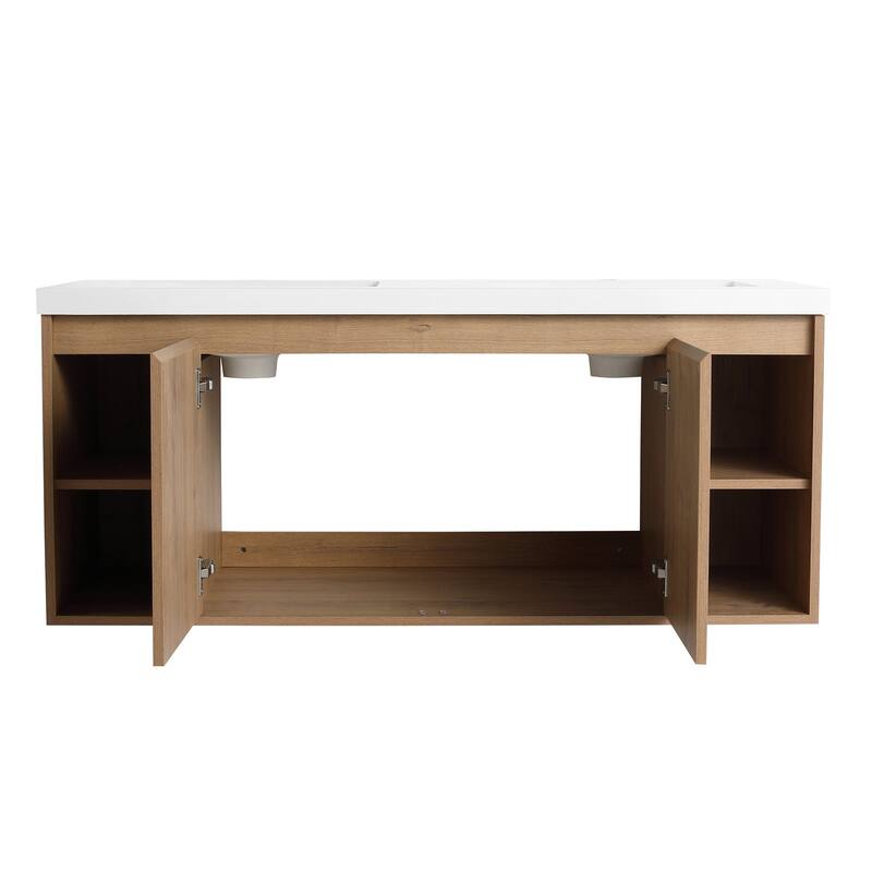 48 Inch Plywood Wall-Mounted Bathroom Vanity Set in Imitative Oak with Integrated Double Resin Sink