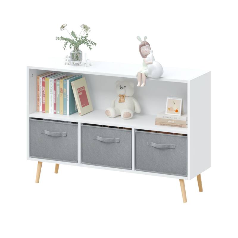 Anmytek White/Gray Kids Storage Organizer with Fabric Drawers White Bookcase Toy Display Shelf