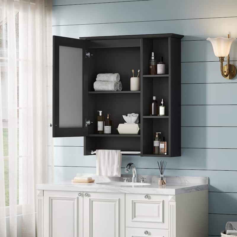 3-in-1 Bathroom Mirror Cabinet, 24-inch Wall Mounted Medicine Cabinet with Adjustable Shelf & Tower Bar