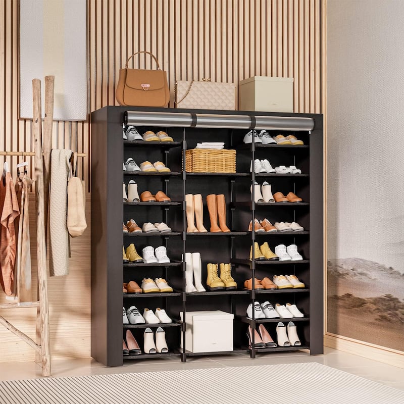 8-Tier Large Tall Shoe Rack with Covers 40-46 Pairs, Shoes Cabinet - Black