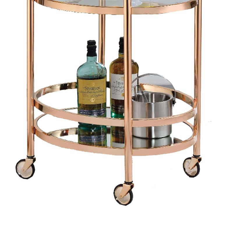 27 Inch Oval Shaped Metal Serving Cart with 2 Shelves, Gold - 19 H x 19 W x 27 L Inches