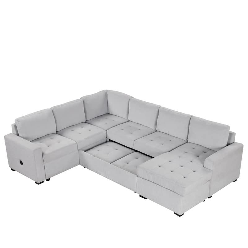 108.3'' Spacious U-Shape Sectional Sofa for 6, Pull-Out Bed, Lounge Chair with USB & Type-C Ports