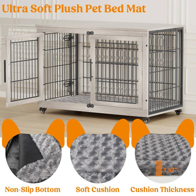 Dog Crate Indoor Heavy Duty Double Doors Wooden Dog Cage with Cushion