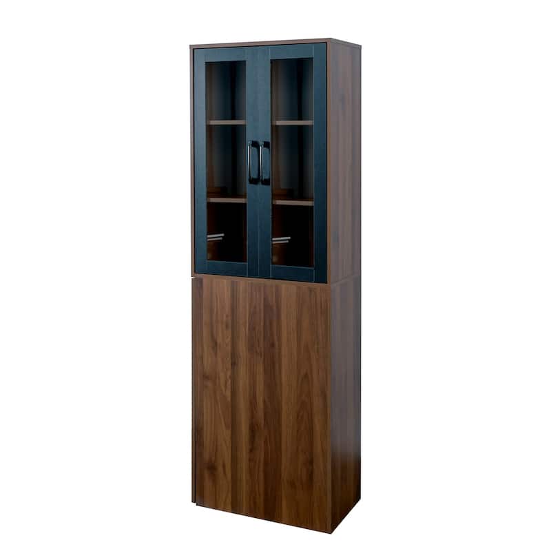 Glass Display Cabinet 3-Tier Bookcase for Collectibles, Wood Storage Cabinet with Door & 4-Tier Pull-Out Shelves for Living Room