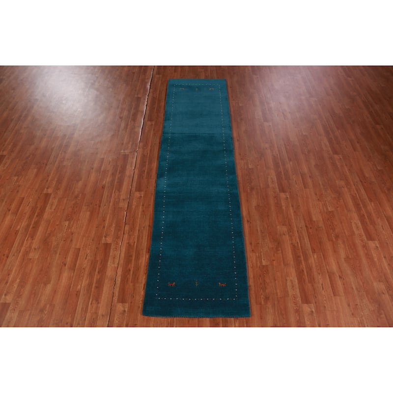 Hand Knotted Oriental 100% Wool Carpet Tribal Tribal Navy Blue & Blues Gabbeh Runner Rug - 9' 9'' X 2' 7''