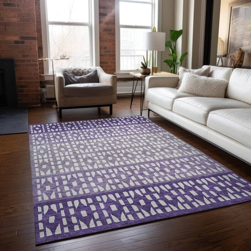 Machine Washable Indoor/ Outdoor Stripe Geo Chantille Rug