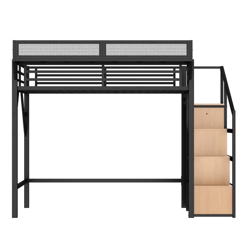 Twin XL Loft Bed Storage Stairs Wardrobe USB LED Metal Frame Noise reduced Natural Wood