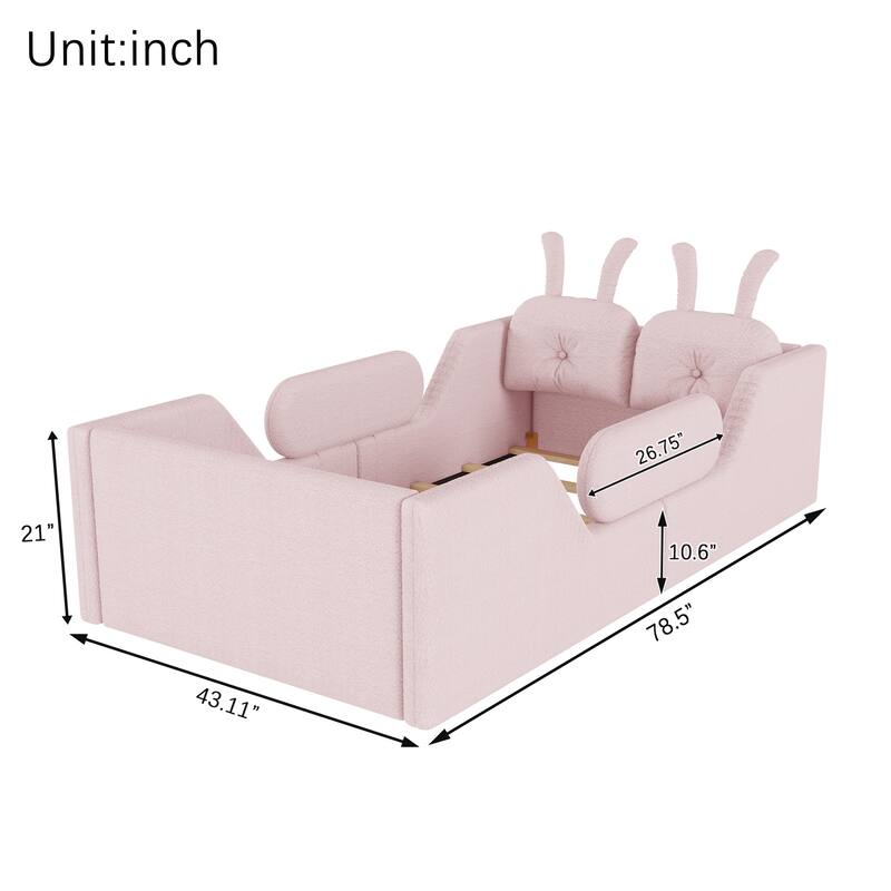 Twin Size Upholstered Platform Bed with Rabbit Cushion, Kids Floor Upholstered Bed with Removable Side Rails