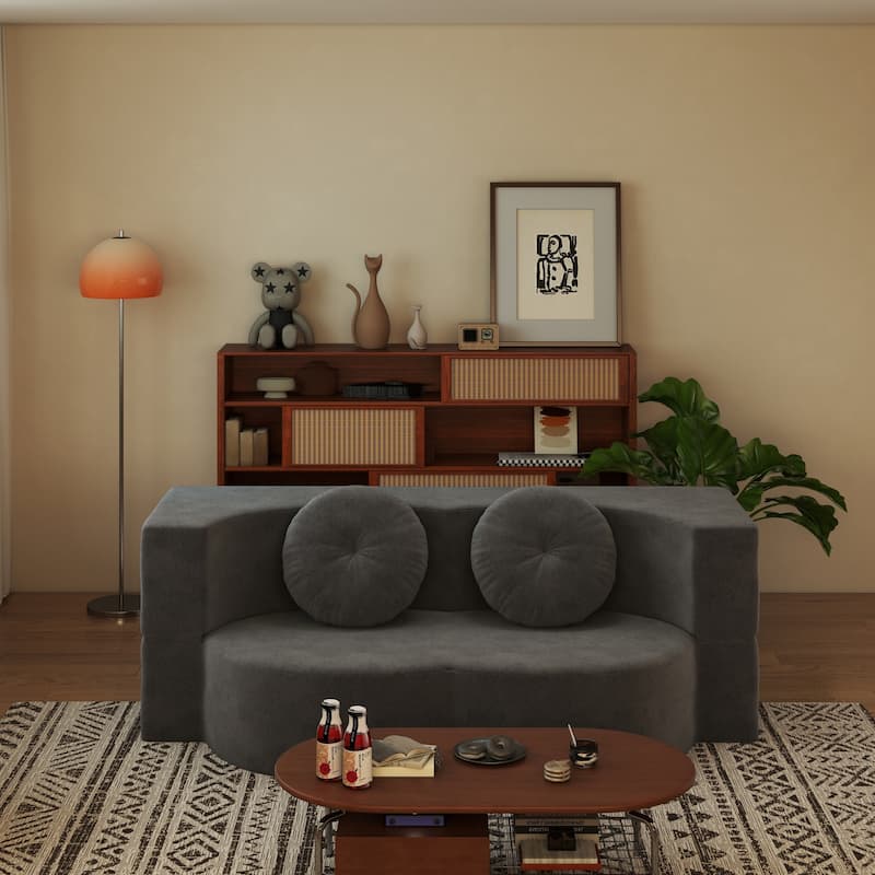 Modern Floor Sofa with 2 Pillows,Convertible Plush Corduroy Foam-Filled Sleeper Sofa Bed