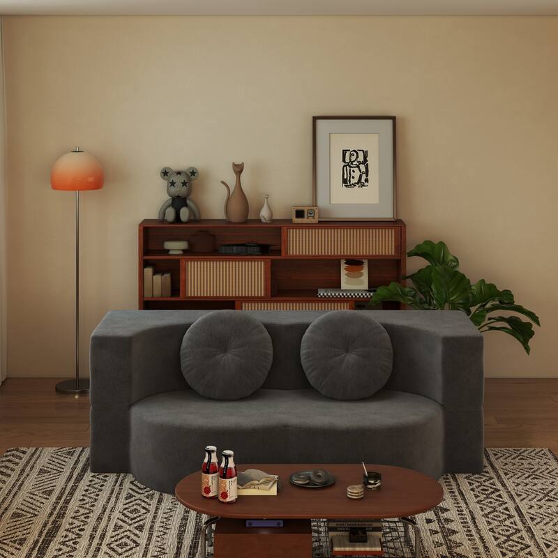 Modern Floor Sofa with 2 Pillows,Convertible Sleeper Sofa Bed - Antique Gray