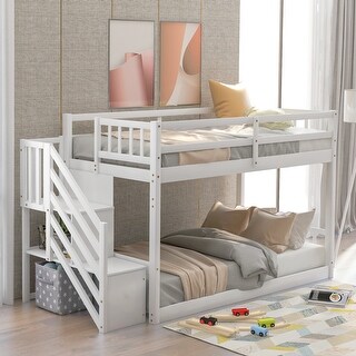 Bella Depot White Wood Bed Twin over Twin Floor Bunk Bed Ladder with ...