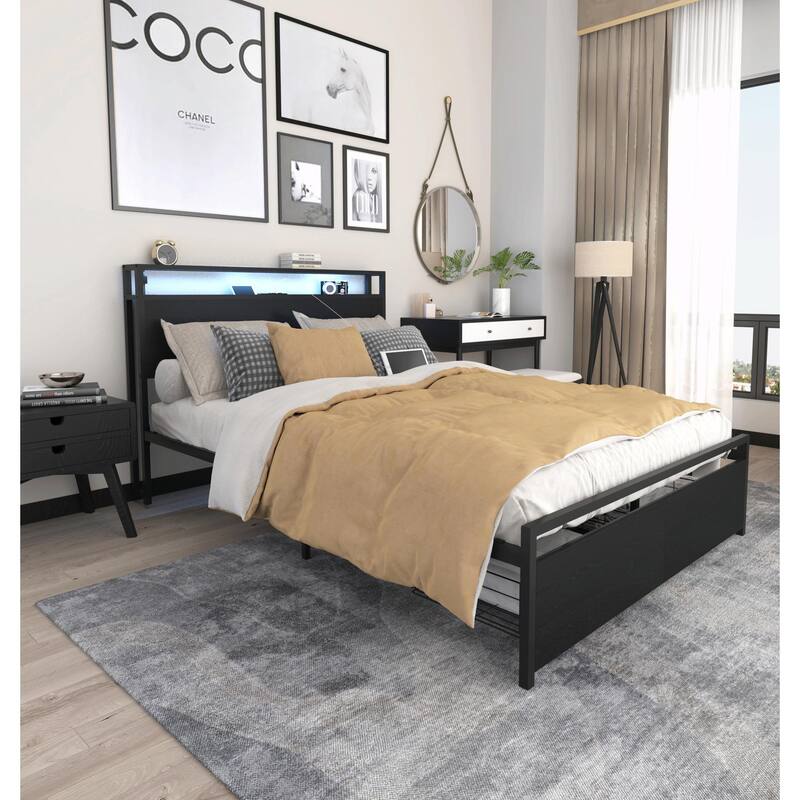 Full Size Bed Frame with Storage Headboard, 2 Drawers, LED Lights, and Charging Station