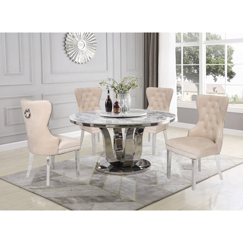 Best Quality Furniture Genuine White Marble Dining Table w/ Lazy Susan - Table + Lazy Susan