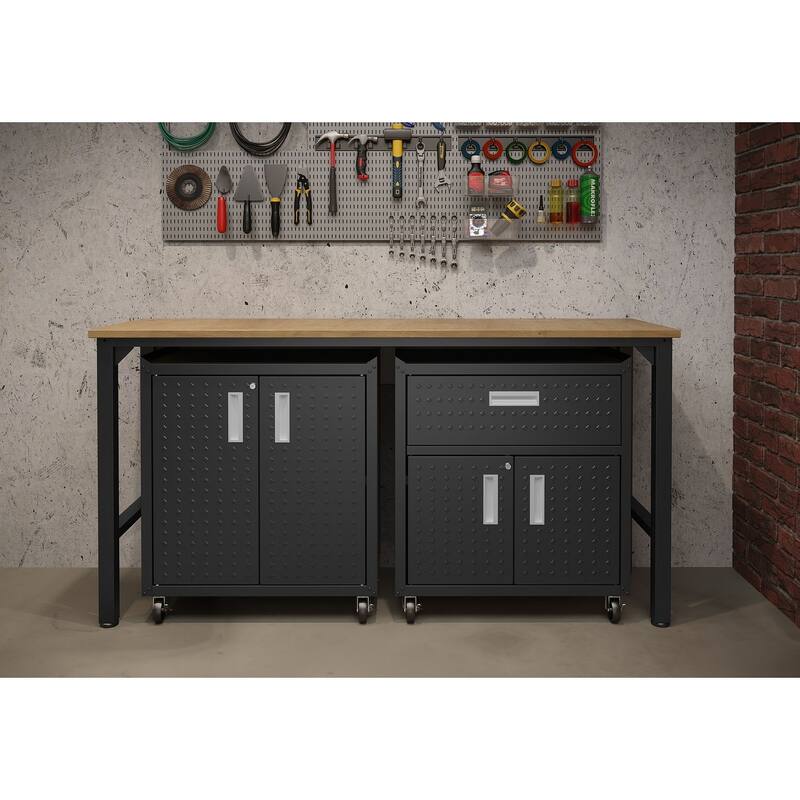 3-Piece Fortress Mobile Space-Saving Garage Cabinet and Worktable 2.0 - Charcoal Grey