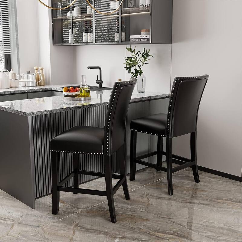 Faux Leather Bar Stools Upholstered Chairs with Set of 2 - Black - Set of 2