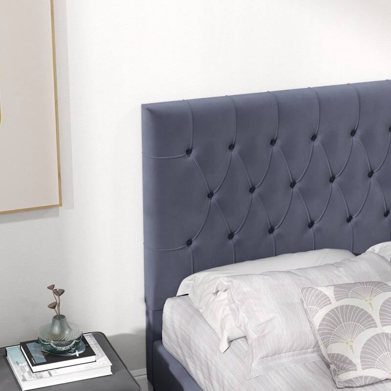 Queen Size Velvet Mid-Century Platform Bed with Tufted Headboard and Solid Wood Legs