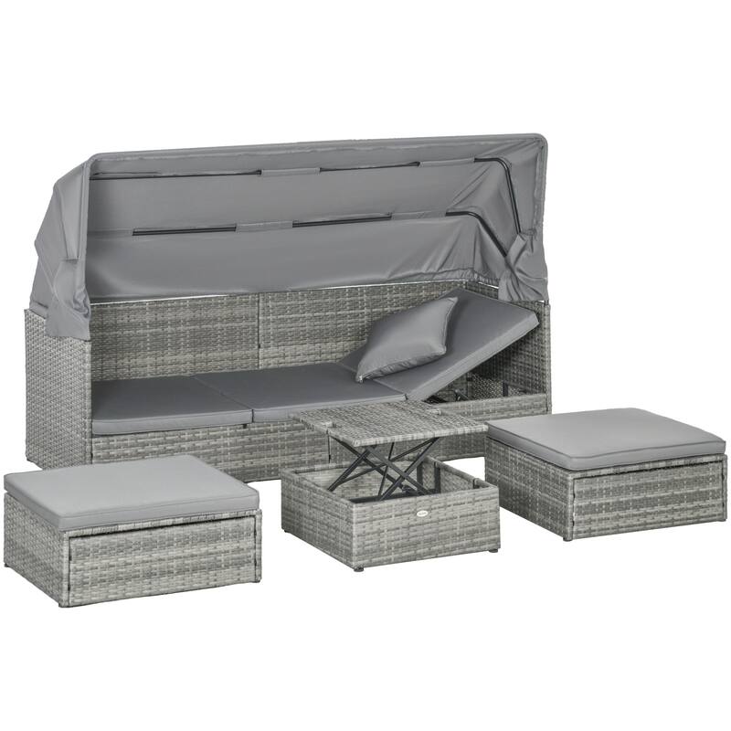 Outsunny 4 Piece Patio Furniture Set with Cushions, PE Rattan Daybed with Retractable Canopy, Outdoor Sectional Sofa Set