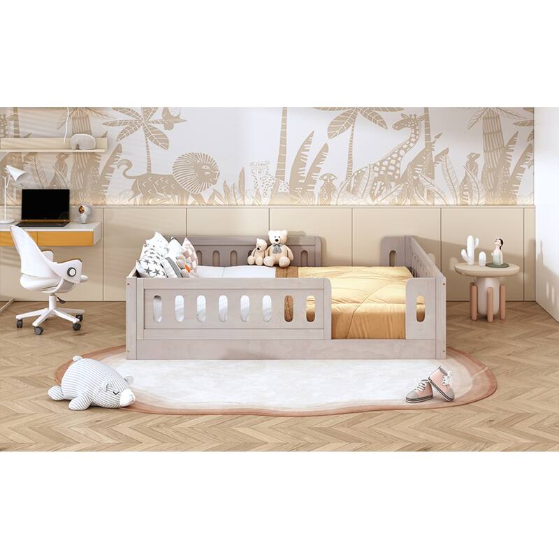 Roomfitters Full Size Wood Platform Bed with Semi-Enclosed Guardrail, Low Profile