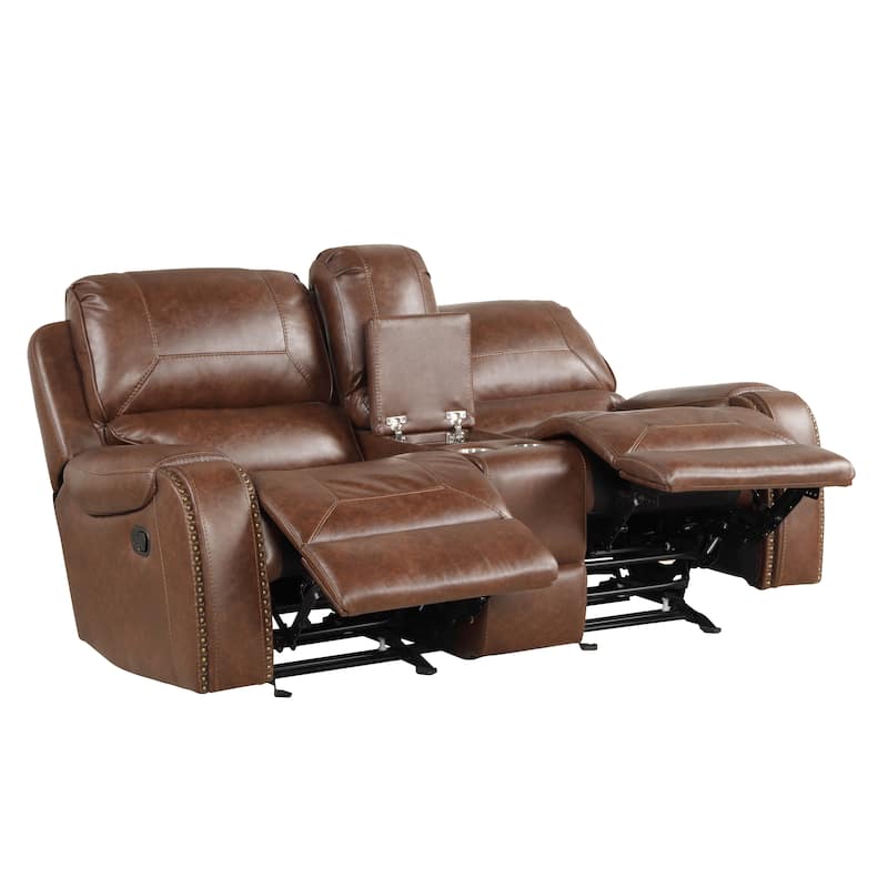 Roundhill Furniture Achern Faux Leather-Air Nailhead Manual Reclining 3-Piece Sofa Set
