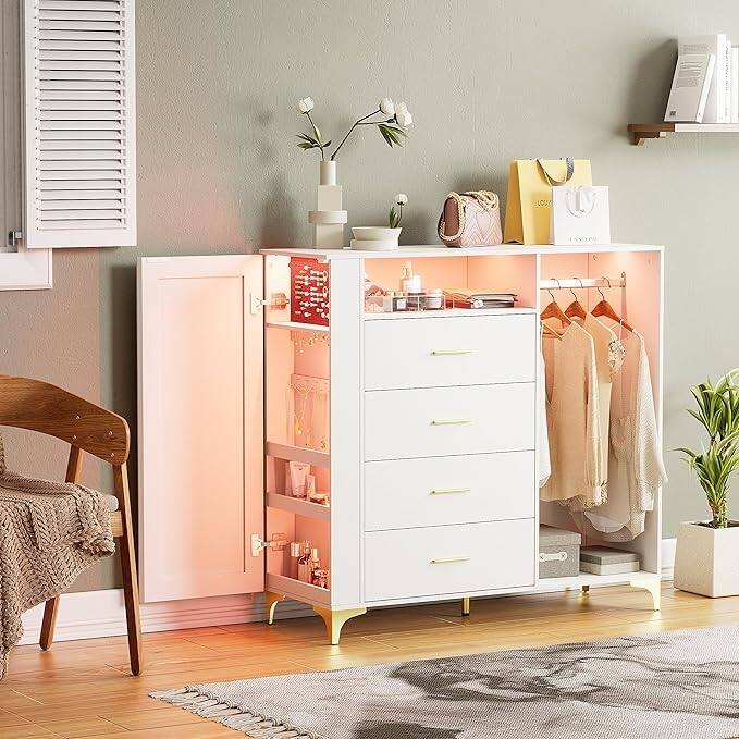 Dresser for Bedroom with Jewelry Cabinet, 4 Drawers Dresser with Clothes Rack, Charging Station & LED Lights - White - 3-drawer