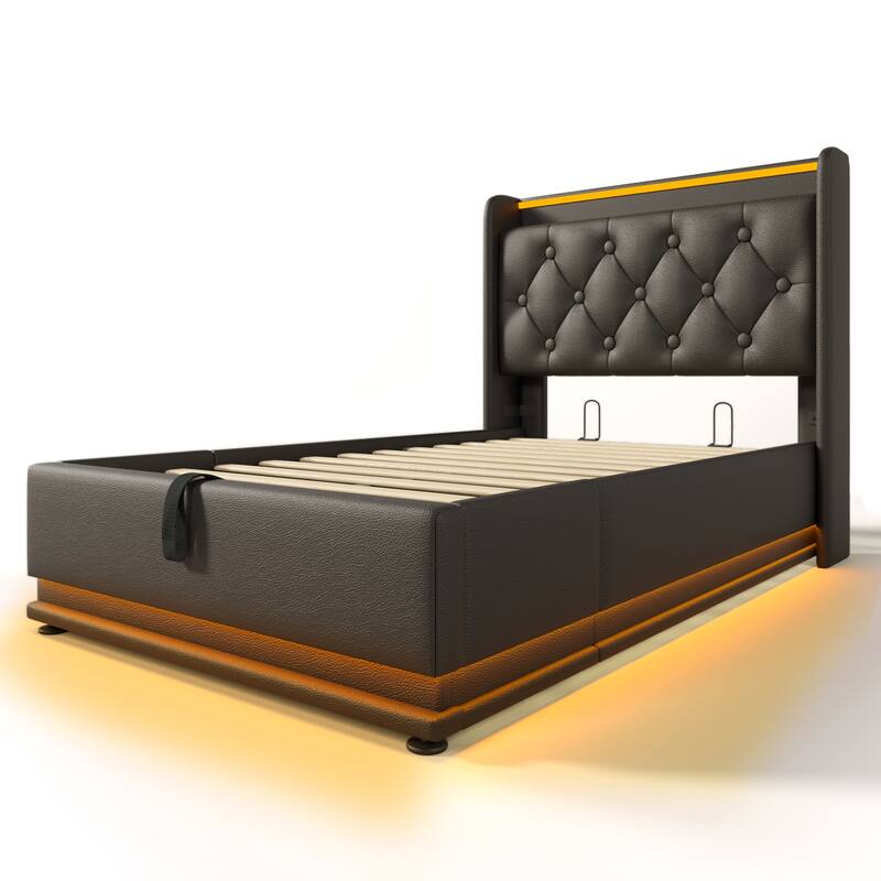 Metal Frame Storage Bed LED PU Upholstered Platform Bed, Twin