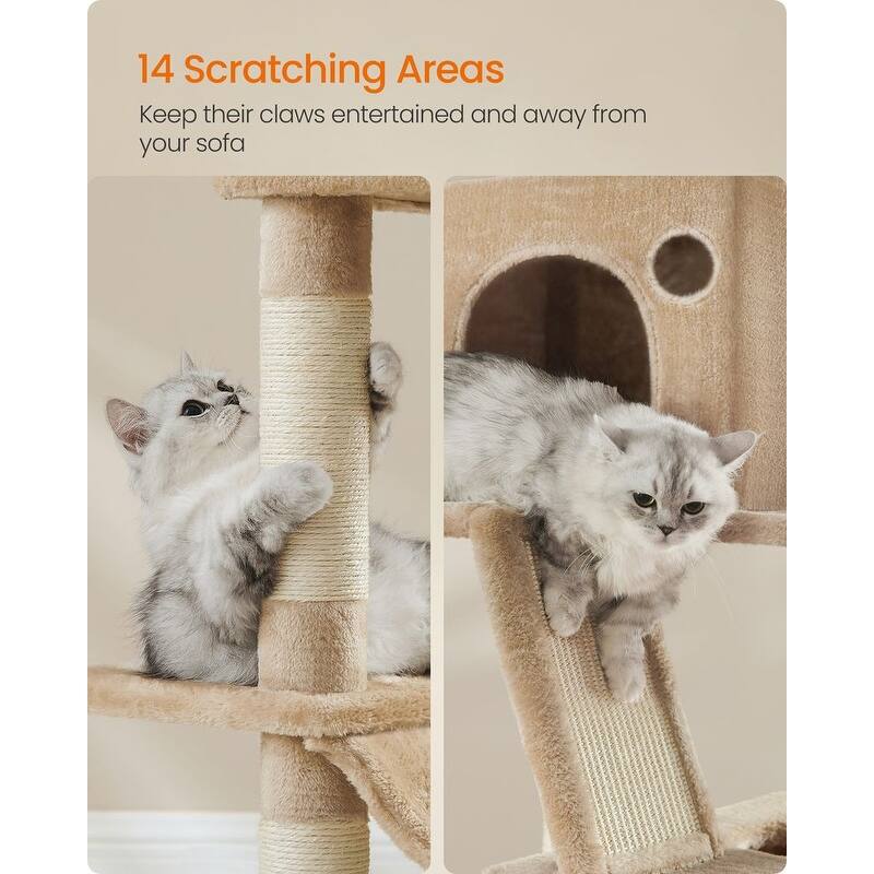 Cat Tree, 66.1-Inch Large Cat Tower with 13 Scratching Posts, 2 Perches, 2 Caves, Basket, Hammock, Pompoms